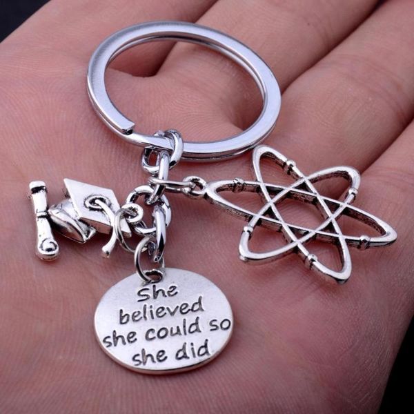 

keychains molecule she believed could so did bachelor cap charm pendant keyrings women men graduation gifts, Silver