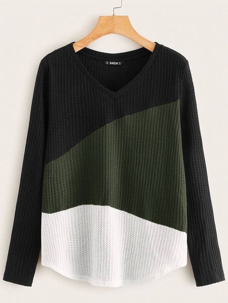 

plus colorblock waffle knit tee h3bi#, Black