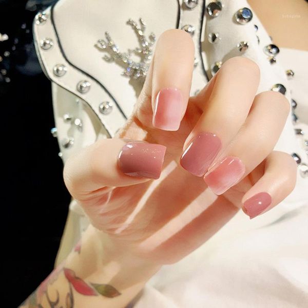 

candy color short full cover fake nail fashion square head sticker with glue girls sweet light pink rendering false nails1, Red;gold