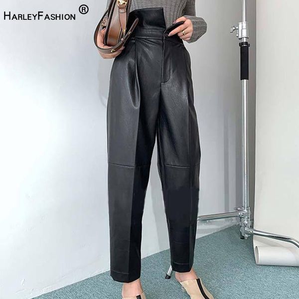

harleyfashion 2021 fashion street design classic style black pu leather straight long pants high waist quality cool women's & capris, Black;white