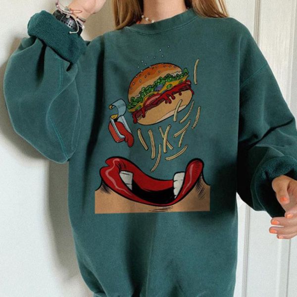 

women's hoodies & sweatshirts cartoon big mouth swallowing hamburger print oversized sweatshirt women autumn street loose casual pullov, Black