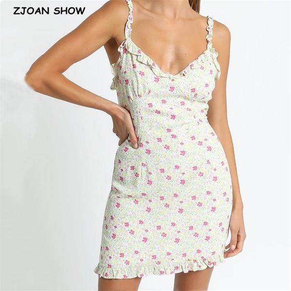 

women french floral print wood ears spaghetti strap mini dress lady slim fit back zipper collar sling holiday 210429, Black;gray