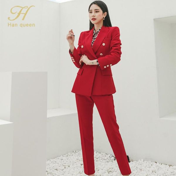 

han queen office lady pant suits red 2 piece set for women double breasted blazer & pencil pants korean business autumn women's two, White