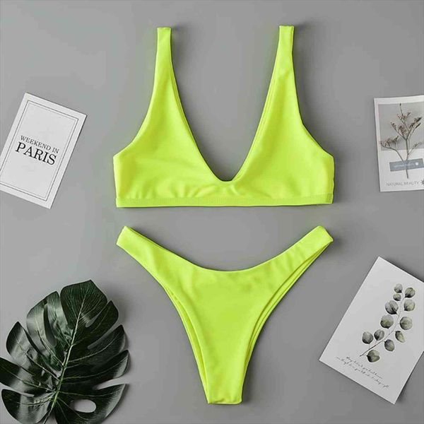 

women bikini sports set swimwear female neon plunge neckline vest push up bathing suit, White;black