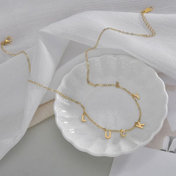 

chokers allme korean fashion rhinestone gold letter lucky necklaces for women titanium steel link small circle chain necklace, Golden;silver