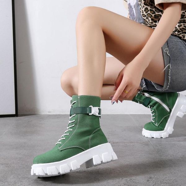 

boots 2021 brand fashion punk platform chunky combat for women lace up zipper buckle leisure street style ladies shoes, Black