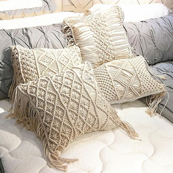 

boho cushion cover macrame pillows case bohemia geometric pattern cotton thread tassels pillowcase sofa throw home decor cushion/decorative