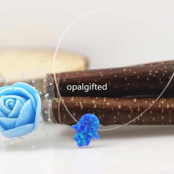 

pendant necklaces 1piece op03/op05 blue transparent nylon chain synthetic opal hamsa necklace for lady, Silver