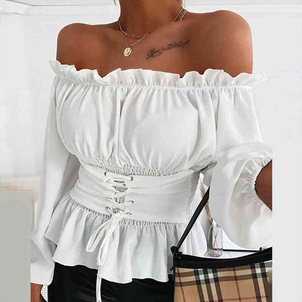 

women off shoulder bandage spring ladies lantern sleeve slash neck lace-up waist corset wild tee, White