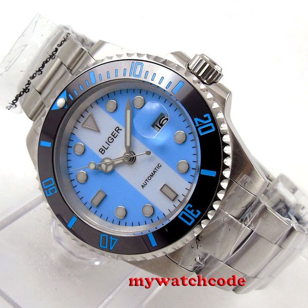

40 mm bliger blue white card date sapphire glass automatic unwomens watch 118, Slivery;brown