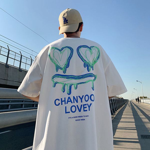 

gradually changing love printing couples short male t-shirts in korean trend loose five and a half sleeves, White;black