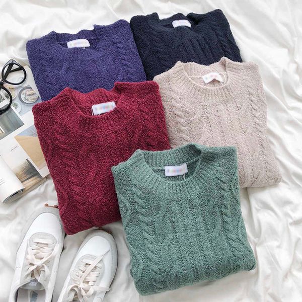 

woman vintage sweater autumn winter thick warm loop yarn korean pullover solid long sleeved knitted sweaters 210602, White;black