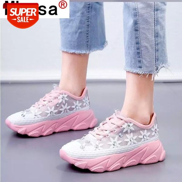 

2021 shoes for women sneakers platform hollow breathable rhinestone flowers summer casual zapatos de mujer #ic08