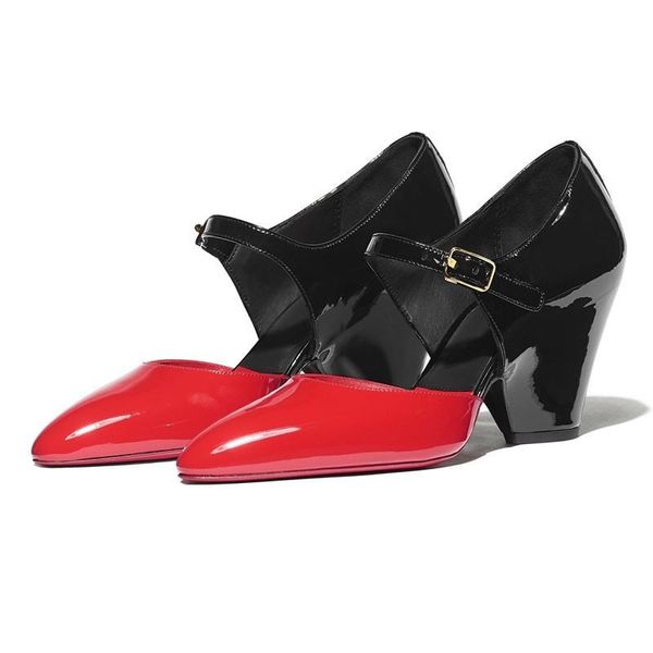 

mixed colors patent leather women pumps summer pointed toe chunky high heel sandals luxury design runway party chic shoes dress, Black