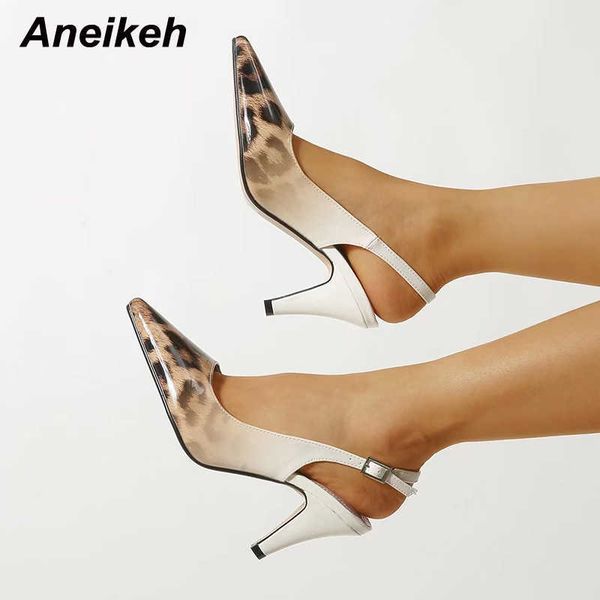 

famous brand designer new spring/autumn thin heels pointed toe leopord slingbacks pu pumps 2022 women's shoes shallow dress buckle stra, Black