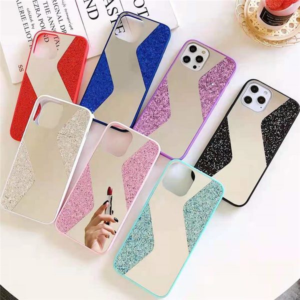 S-Form-Spiegel-Glitzer-Telefonhüllen TPU + PC + Glas-Handyhülle für iPhone 13 12 Mini 11 Pro Max X Xs Xr 7 8 6S Plus Samsung S21 A52 A72