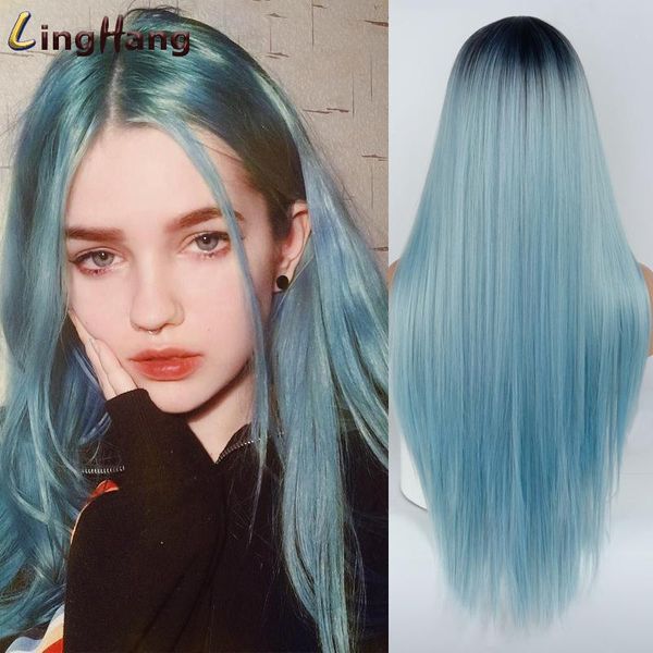 

synthetic wigs linghang black blue long straight hair wig for women 26 inch can be cosplay heat resistant middle part