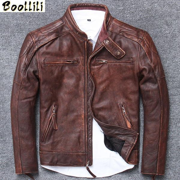 

men's leather & faux boollili genuine jacket men real cow coat vintage motorcycle man short brown cowhide coats, Black