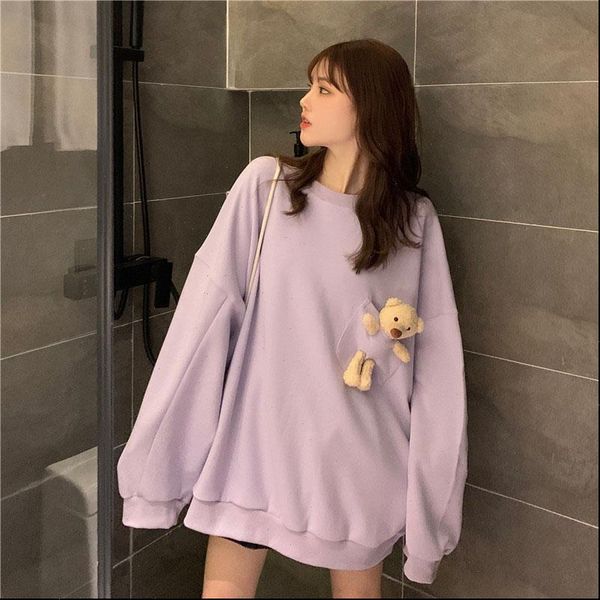 

korean style lilac oversize women hoodie bear plush toy pullover autumn winter harajuku casual loose o neck cute, Black