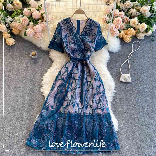 

loveflowerlife summer elegant ladies sash tie up floral print dress women vintage v-neck lace embroidery midi dress 210521, Black;gray