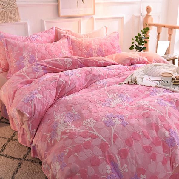 

bedding sets pink 3/4pcs/set winter set 6d carved crystal velvet duvet cover flat sheet pillowcase warm washable bed quilt