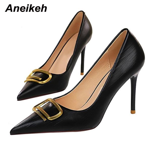 

dress shoes aneikeh elegant pu metal decoratio shallow autumn zapatos de mujer thin heel pumps 2021 pointed toe slip-on design sense, Black