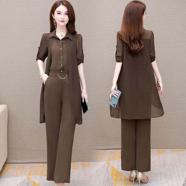 

women's two piece pants 2021 summer business lady turn-down collar sets half sleeve long pant chiffon 2 peice single-breasted slim wome, White