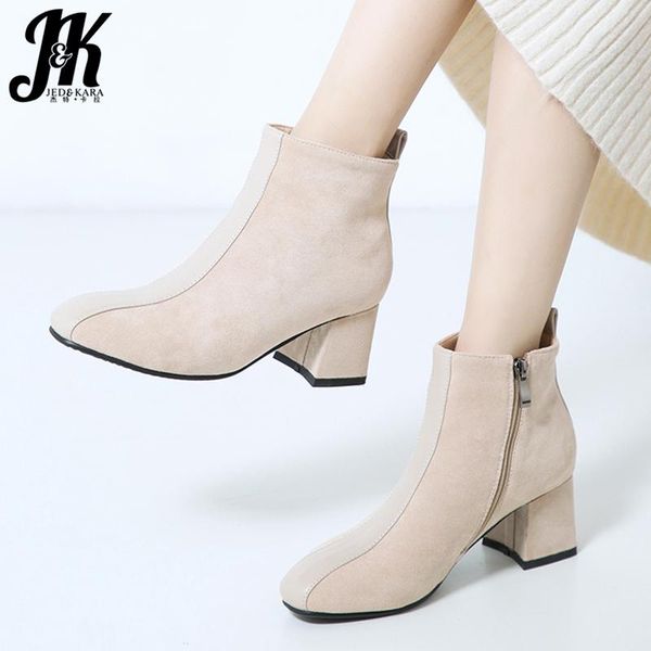 

boots jk flock high heels women zip ankle booties ladies square toe shoes female stitching fashion winter 2021, Black