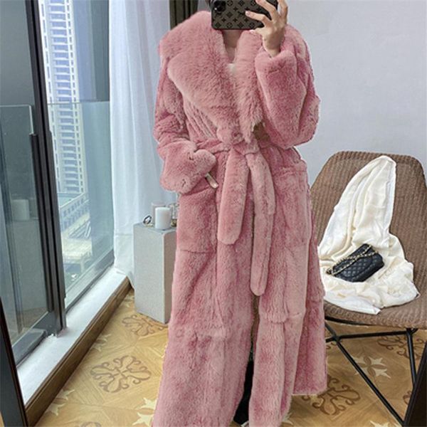 

women's fur & faux winter women coat thick warm x-long jacket plus size female fluffy loose parkas, Black