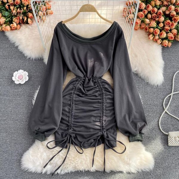 

casual dresses yornmona ins fashion ruched bag hips bodycon dress off shoulder black party high waist women mini, Black;gray