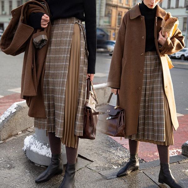 

skirts lmq women plaid high waist pleated streetwear british style long chic vintage ladies bottoms, Black