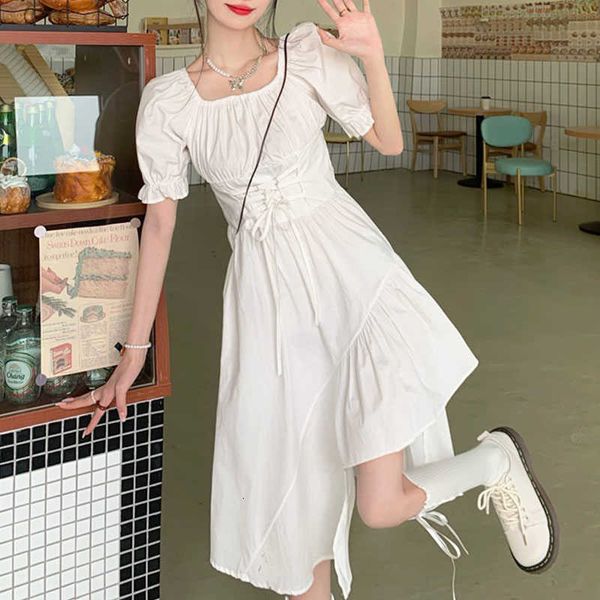 

casual dresses short sleeve french elegant es women design korean solid bandage vintage females summer chic myqx, Black;gray