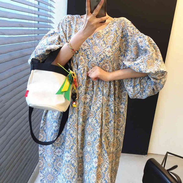 

chic bohemian puff sleeve loose casual ladies robe summer straight black dresses abstract print v-neck 16f0811 210510, Black;gray