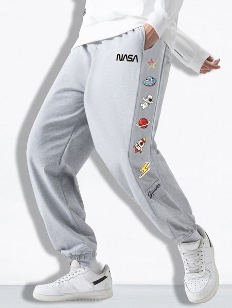 

men letter and astronaut print sweatpants f2d1#, Black
