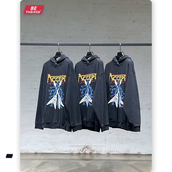 

be menswear | 2021 autumn rock band print eing used sweater men's vintage high street fashion hoodie, Black