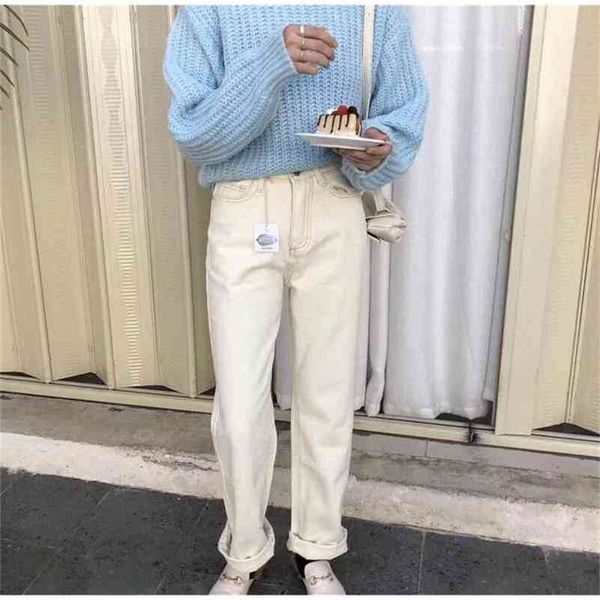 

spring white jeans women denim pants high waist trousers korean mom streetwear 210421, Black;white