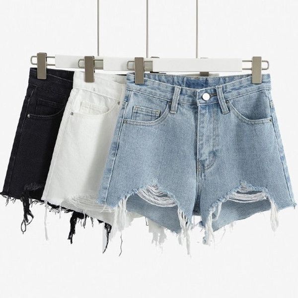 

women's jeans women chic fashion pockets frayed hem ripped denim shorts vintage high waist zipper female short, Blue
