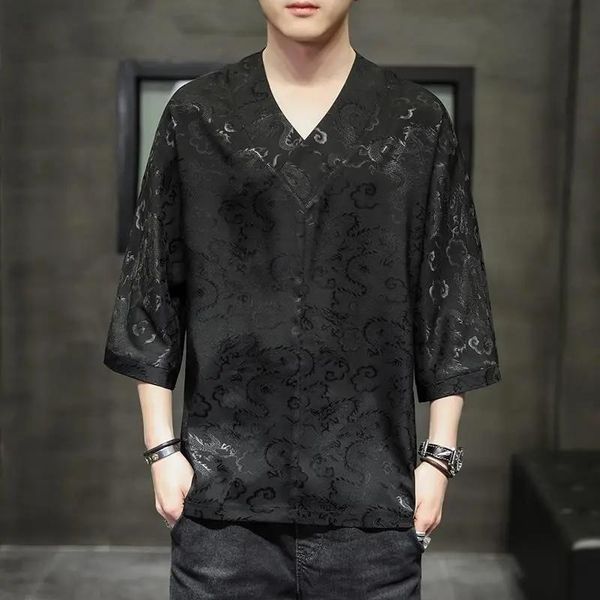 

men's t-shirts chinese style plus size v-neck t shirts men clothing 2021 fashion loose jacquard short sleeve harajuku male oversized t, White;black