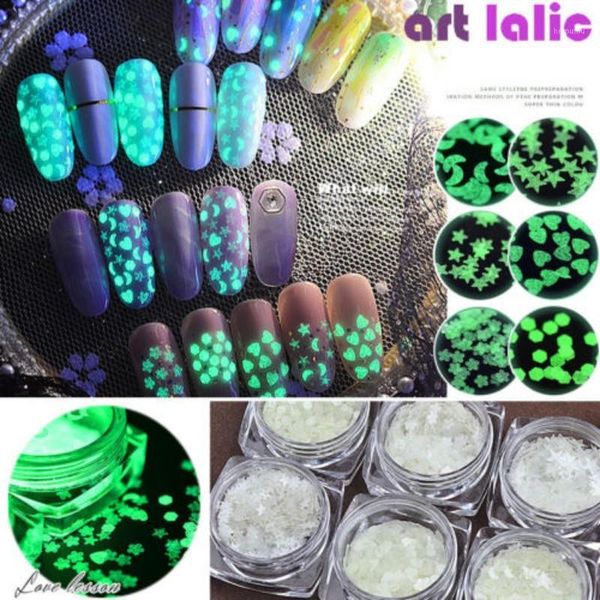 

box nail flakes heart shape fluorescent ultra-thin sequins luminous glitter art decoration diy paillette glow in the dark1, Silver;gold