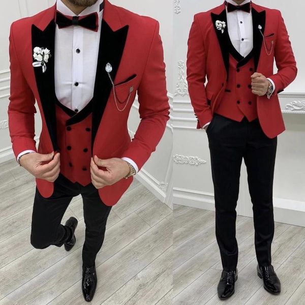 

men's suits & blazers custom made classic red men 3 pieces slim fit man groom wedding prom dress tuxedo jacket double breasted vest pan, White;black