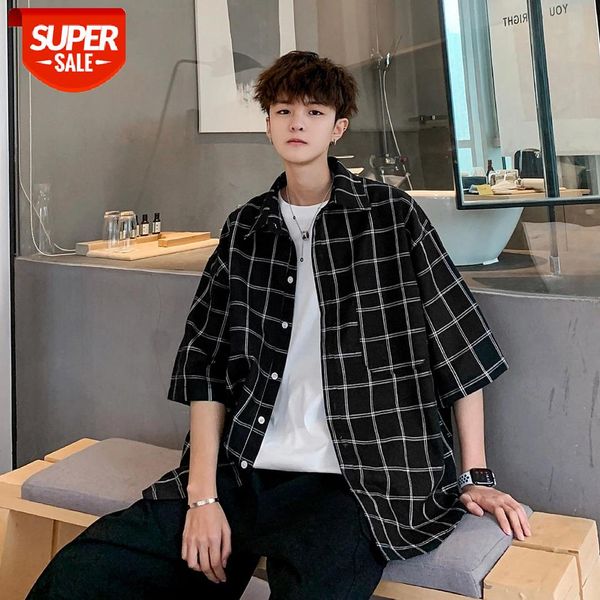 

2020 summer men's lattice printing short sleeve hawaiian shirt loose fashion camisa masculina streetwear coat cotton shirts #ak99, White;black