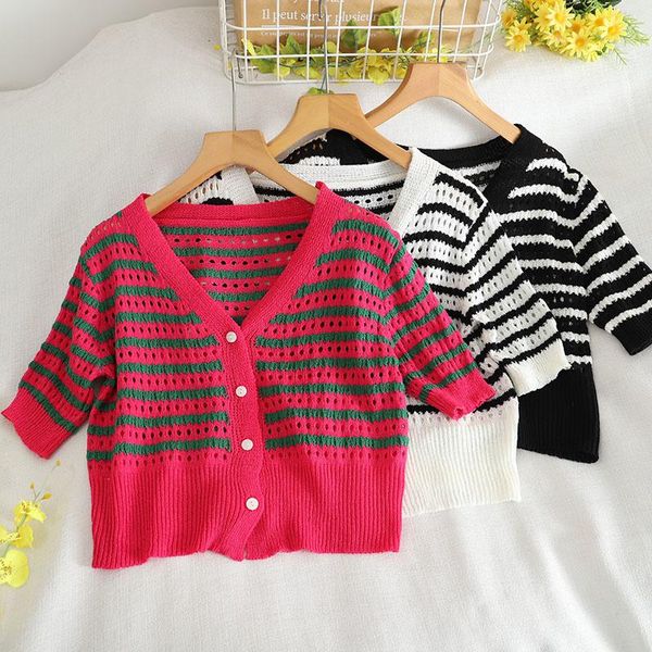 

men's sweaters 7269 korean sweet girl summer outing rose pink contrast striped hollow knitting cardigan 2021 jacket, White;black