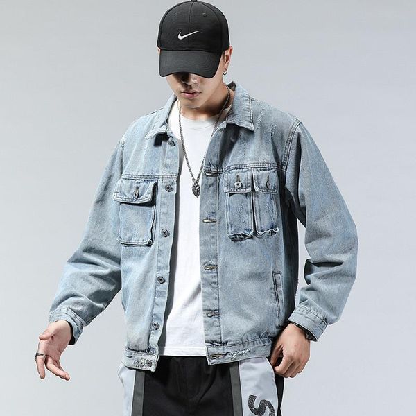 

men's jackets moruancle vintage denim trucker with pockets fashion retro jeans outerwear for man clothing washed blue, Black;brown