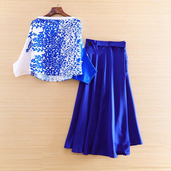 

ladies skirt high-end women summer loose bat sleeves print shirt + blue skirt elegant lady casual suit 2 pieces set female s-xl, White