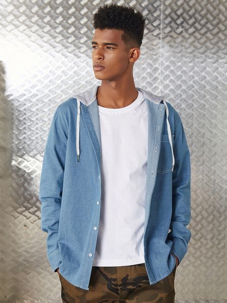 

men pocket patched hooded denim jacket s24r#, Blue