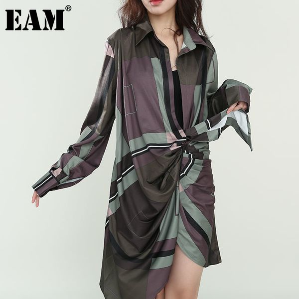 

[eam] women pattern printed asymmetrical pleaed dress v-neck long sleeve loose fit fashion spring autumn 1d46209 210512, Black;gray