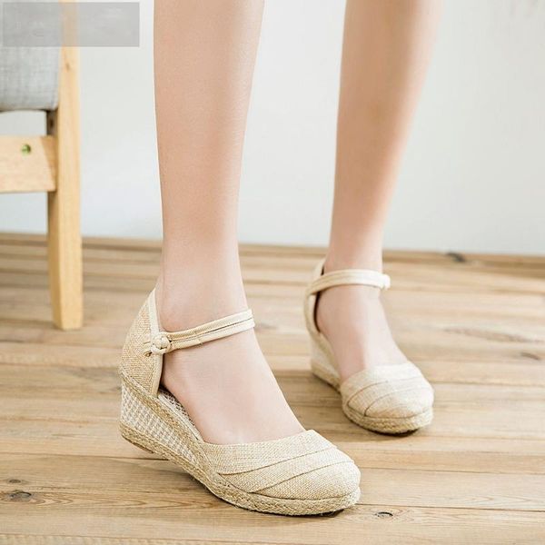 

dress shoes patchwork handmade women plain linen sandals wedge espadrilles 6cm platforms bohemian ladies summer pumps, Black