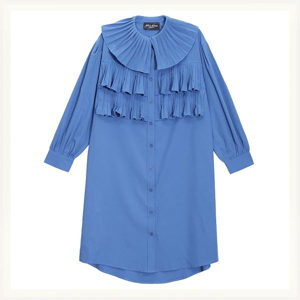 

casual dresses blue pleated elegant big size shirt for women 2021 lapel long sleeve loose fit fashion dress woman women's clothing, Black;gray