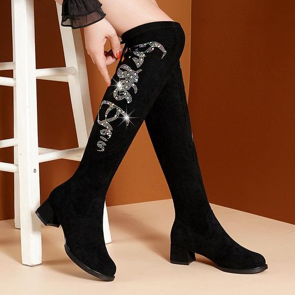 

boots women high heels over the knee boot knitting socks booties stretch fabric thigh woman shoes sexy, Black