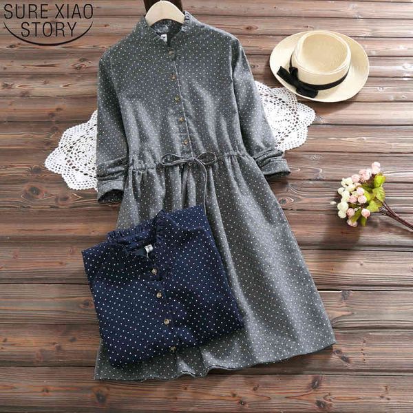 

spring autumn vintage women long sleeve button polka dot printed dress femininos vestidos elbise 7423 50 210417, Black;gray